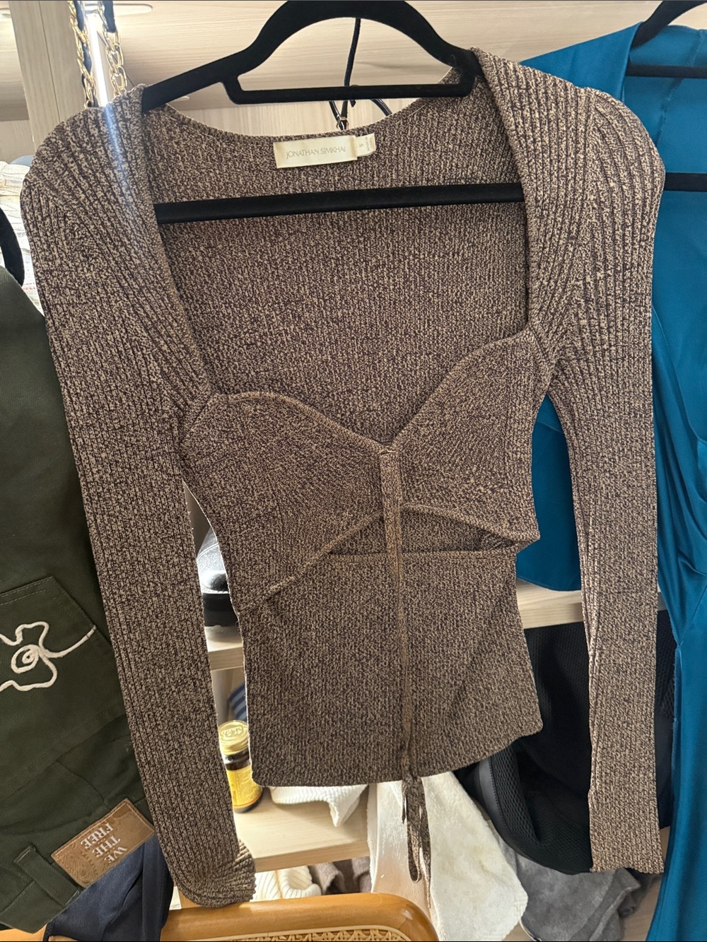 Jonathan Simkhai Taupe Ribbed Knit Sweetheart Top
